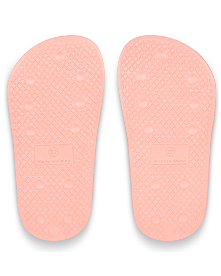 Sole view of toddler coral Roxy sandals with grippy tread and size 22 marking.