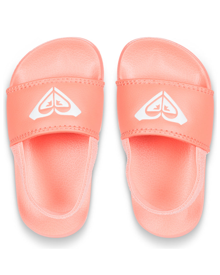 Top-down view of toddler coral Roxy sandals with printed white logo on each strap.
