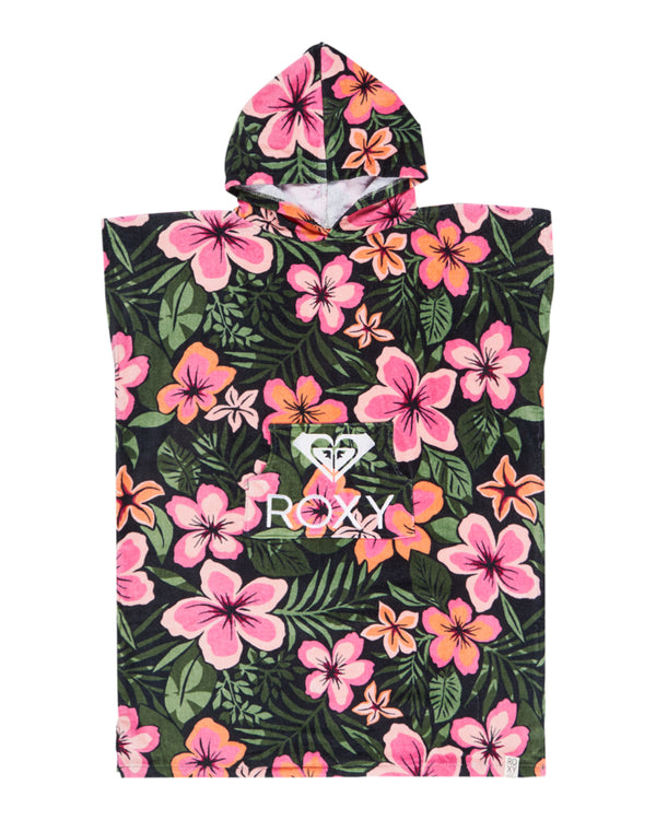 Kids’ Roxy hooded towel poncho with pink and orange floral print and front logo patch.