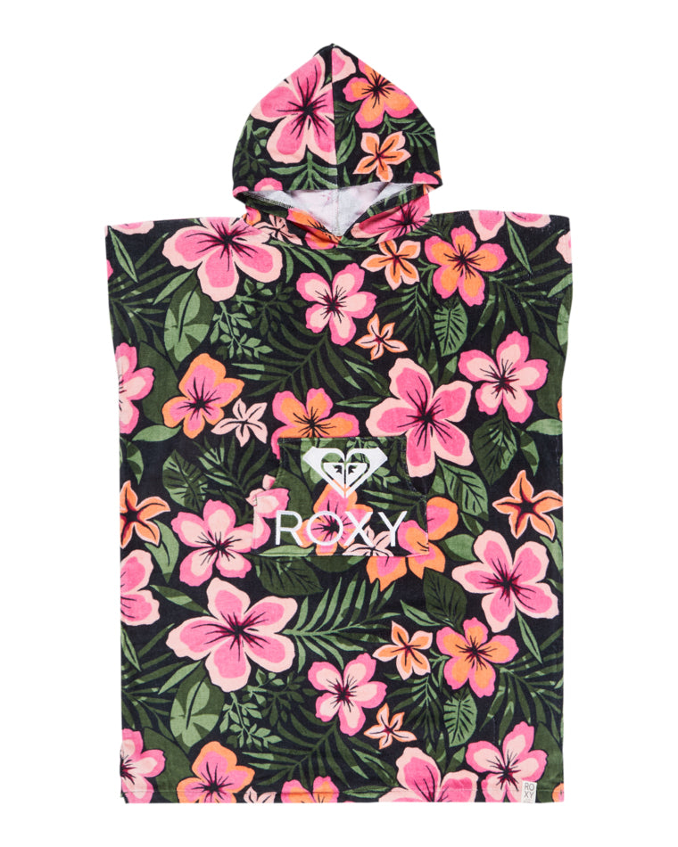 Kids’ Roxy hooded towel poncho with pink and orange floral print and front logo patch.