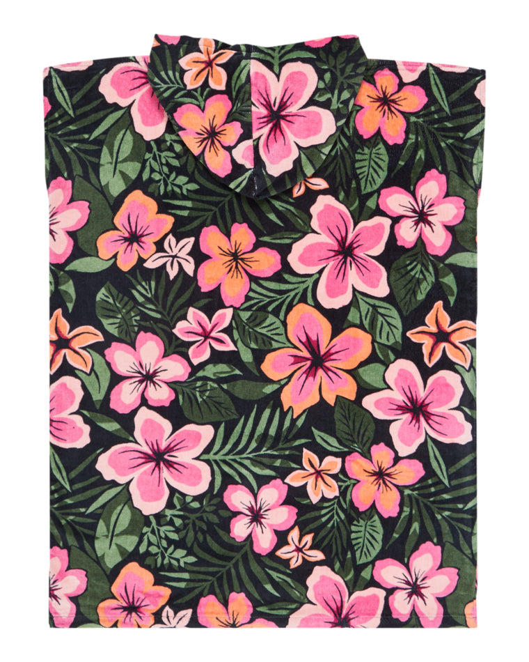 Back view of kids’ Roxy hooded towel poncho with all-over pink and orange floral pattern.