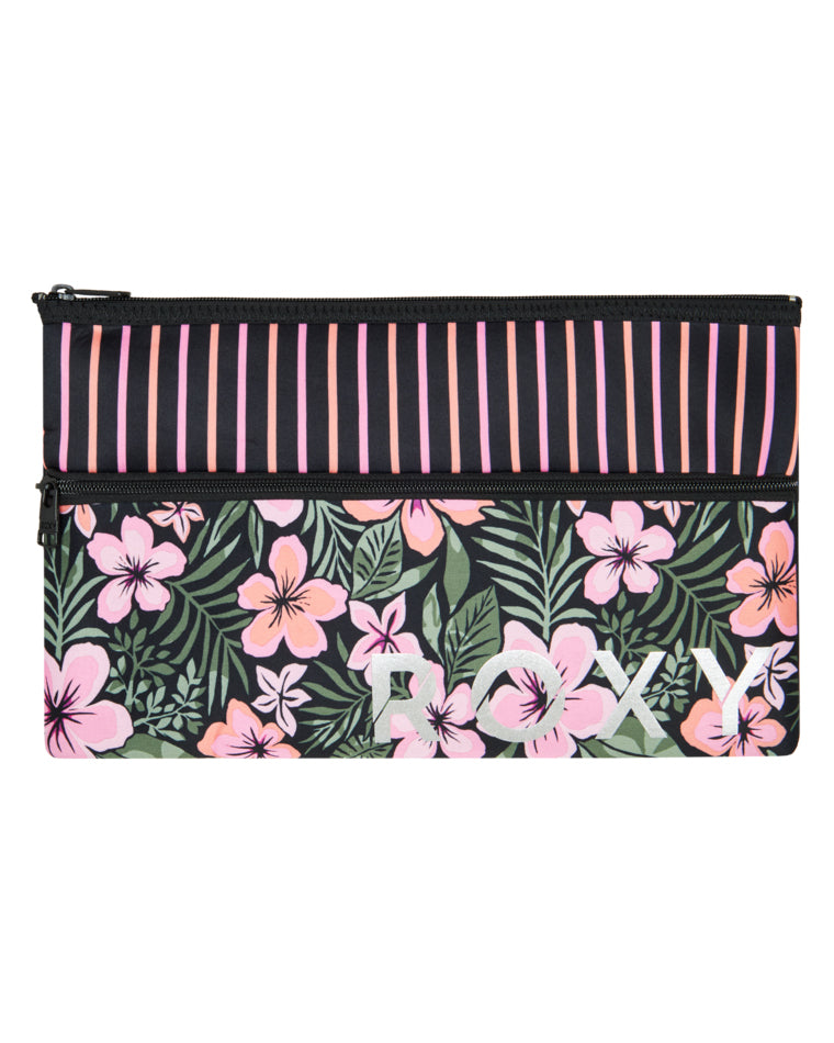 Front view of Roxy pencil case with floral print base, striped top panel and zip closure