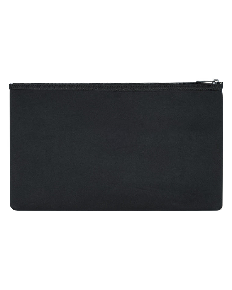 Back view of pencil case in solid black with zip opening across the top