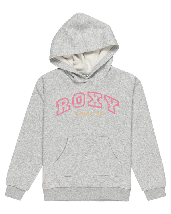 Grey Roxy hoodie with pink varsity-style logo and "Since 90" text, featuring a kangaroo pocket and ribbed cuffs and hem.