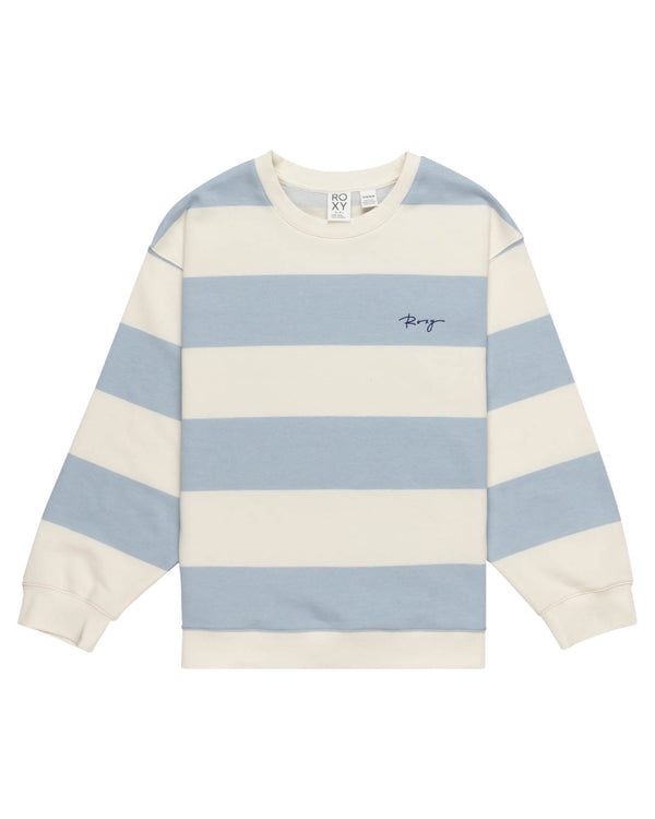 Roxy long-sleeve crewneck sweatshirt with wide horizontal blue and white stripes and a small embroidered logo on the chest.