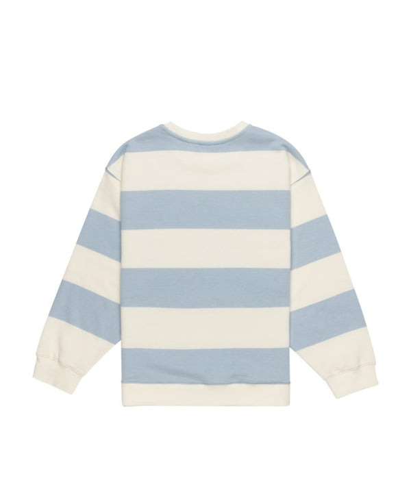 Back view of a Roxy long-sleeve crewneck sweatshirt with wide horizontal blue and white stripes, relaxed fit.