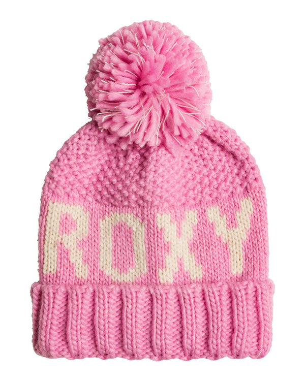 Pink Roxy beanie with a fluffy pom-pom, featuring cream-colored lettering and a thick ribbed cuff.