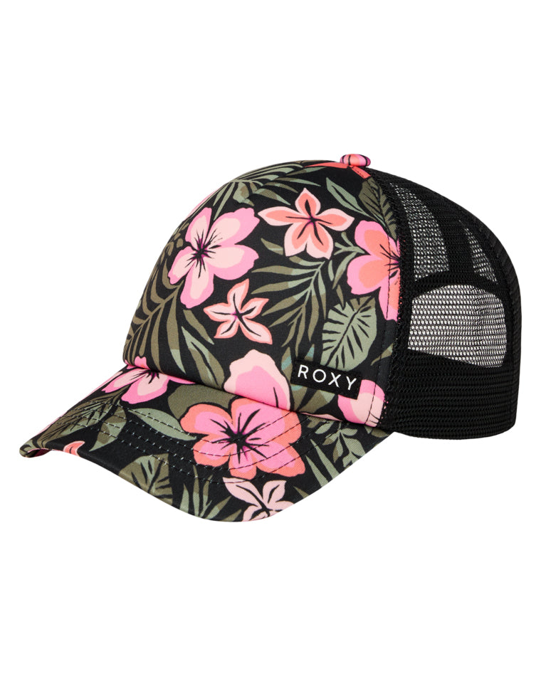 Angled view of pink floral Roxy cap with curved brim and logo tag on the side.