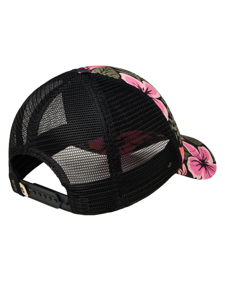 Side view of Roxy cap showing black mesh panel and adjustable snapback strap.