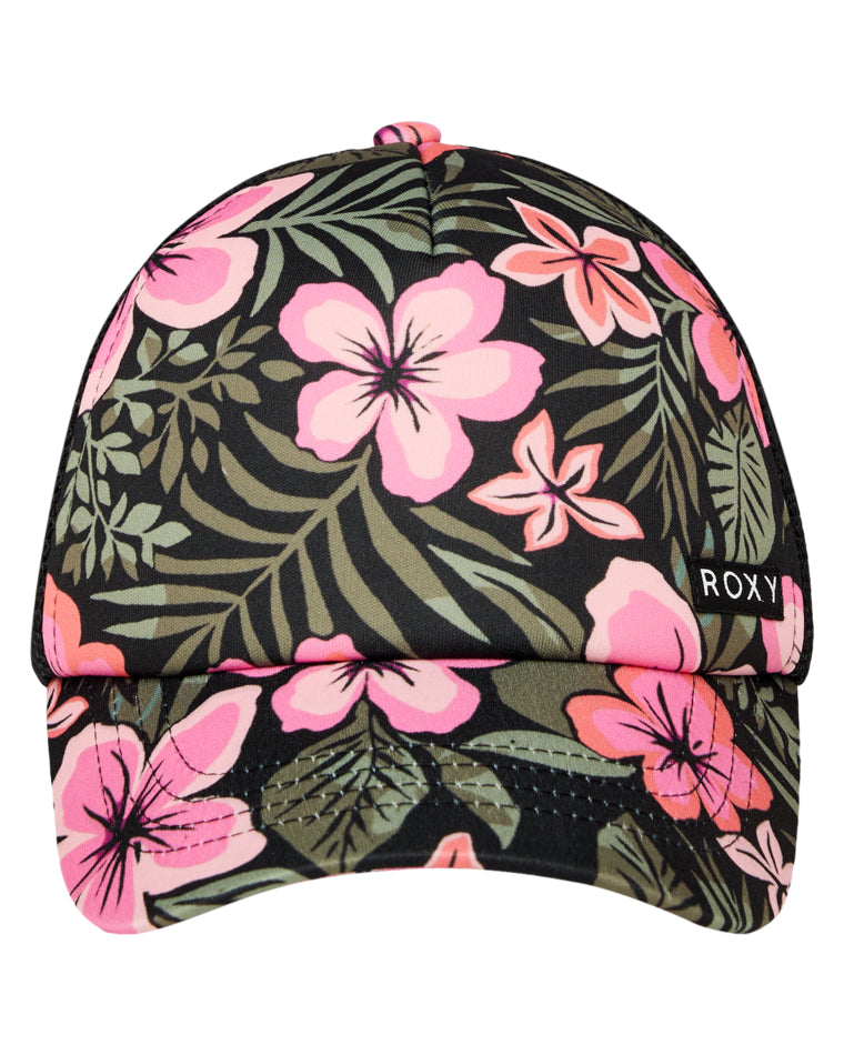 Roxy trucker cap with pink floral print and black mesh bac
