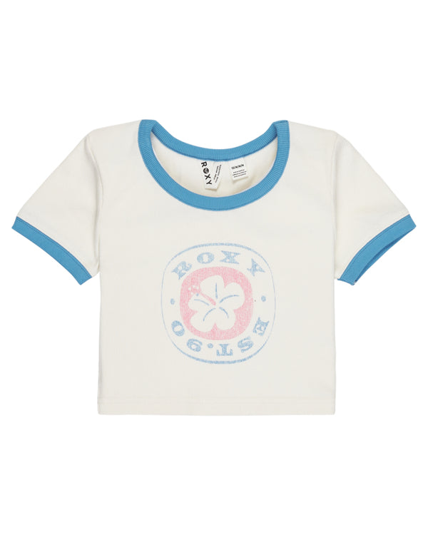 Front view of white Roxy girls' tee with blue trim and pastel graphic logo print