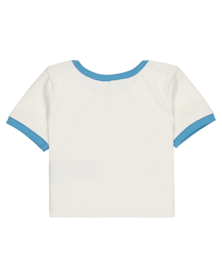 Back view of white Roxy girls' t-shirt with contrast blue collar and sleeve cuffs