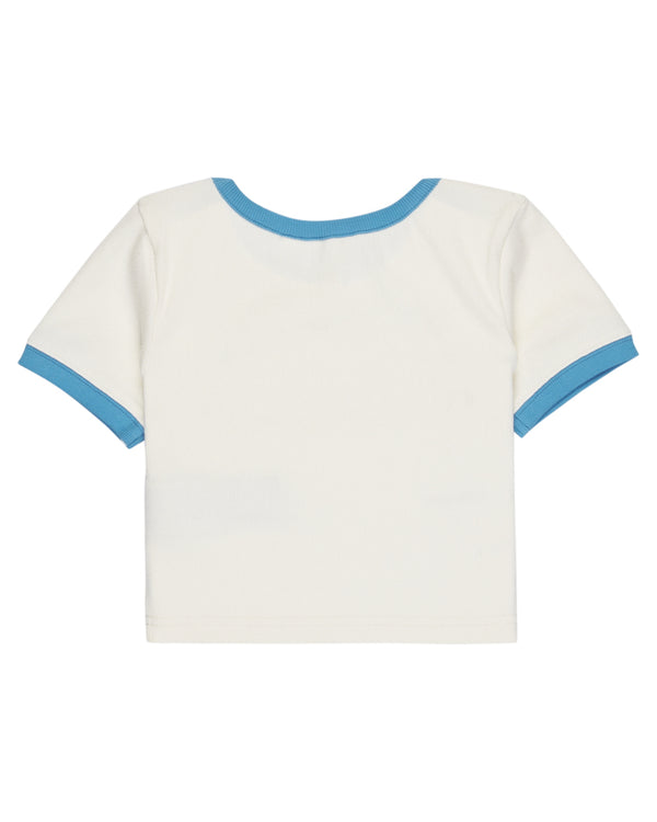 Back view of white Roxy girls' t-shirt with contrast blue collar and sleeve cuffs