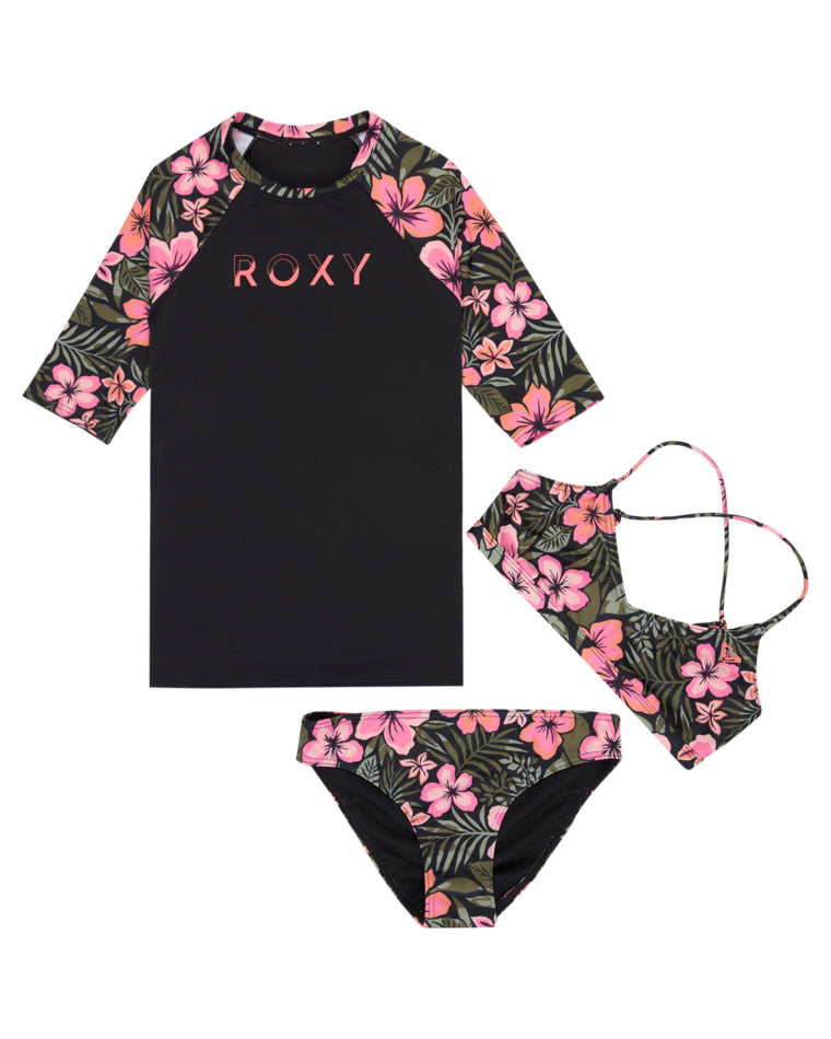 Girls’ black Roxy swim set with floral sleeves, bikini top, and matching bottoms.