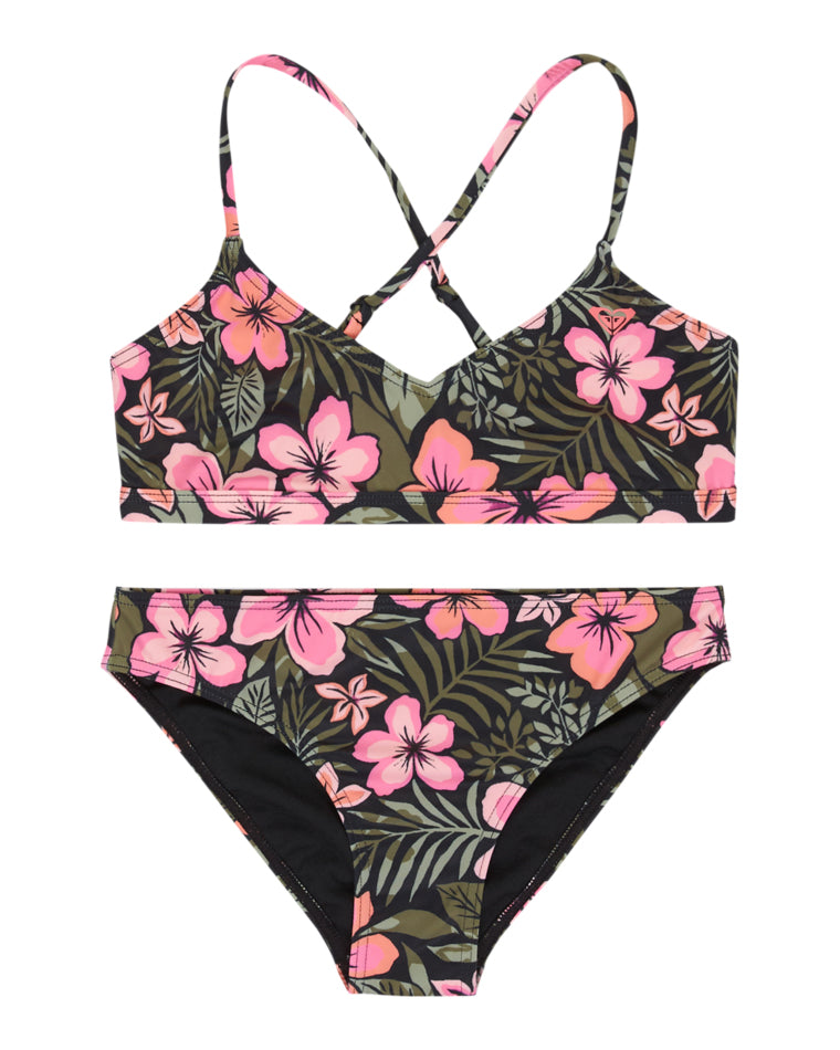 Girls’ floral bikini set with cross-back top and matching mid-rise bottoms.