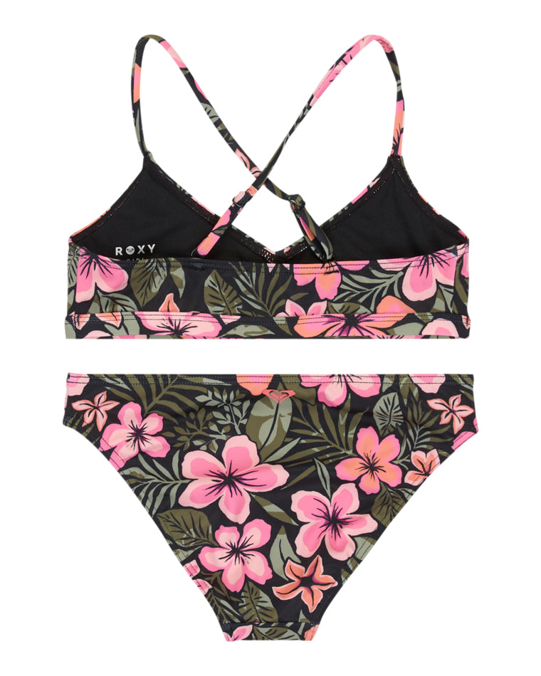 Back view of girls’ floral bikini with criss-cross straps and Roxy logo.