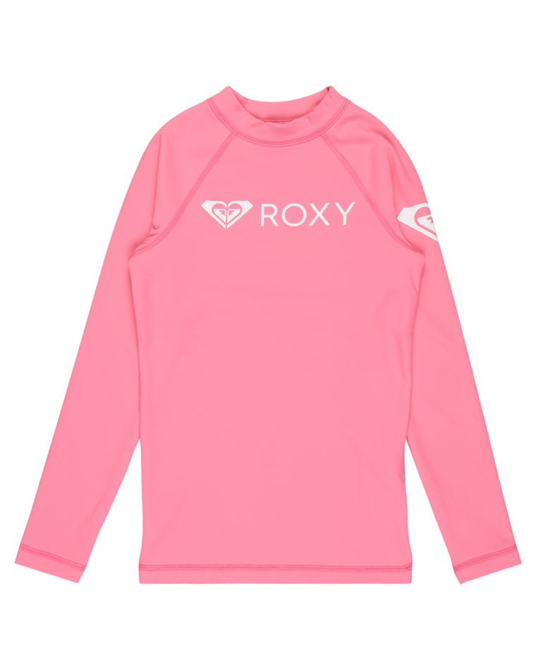 Girls' Roxy long sleeve rash vest in pink with front logo print and sleeve branding