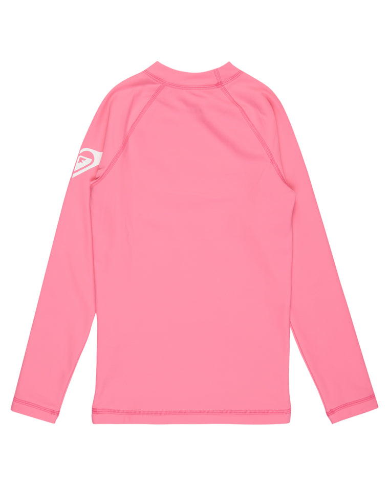 Back view of girls' pink Roxy rash vest with white logo on sleeve