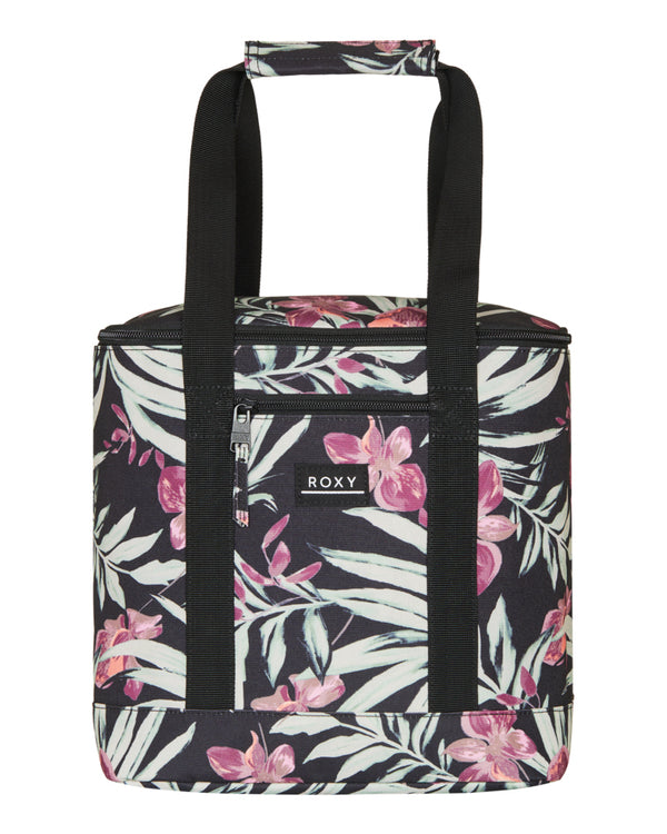 Roxy floral cooler bag with black handles and zip front pocket