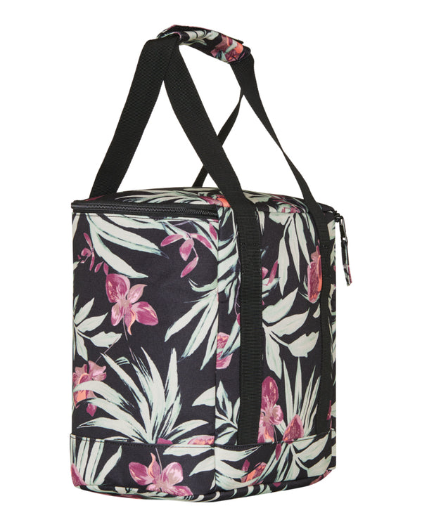 Side view of Roxy floral insulated cooler bag with dual handles