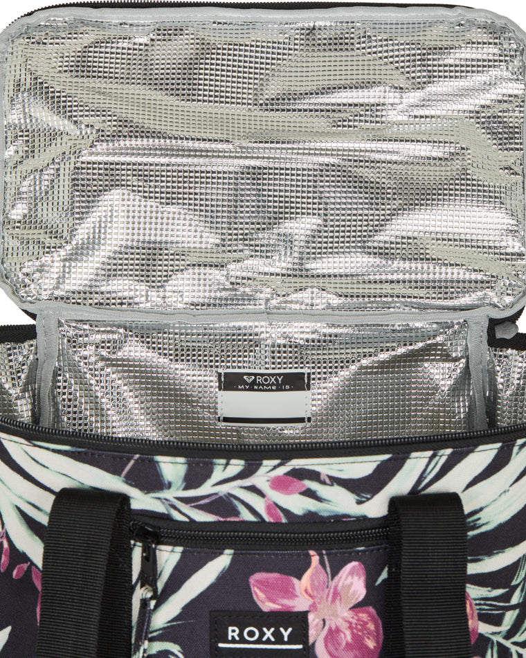 Inside view of Roxy cooler bag showing silver insulated lining