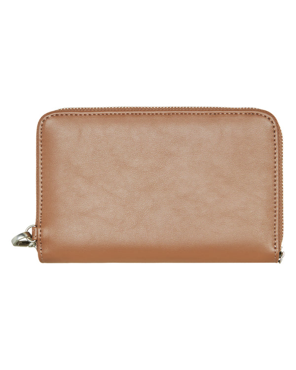 Back view of plain tan Roxy wallet with silver zip closure.