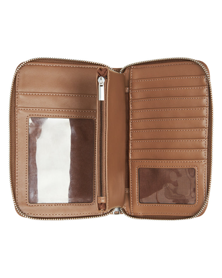 Inside of tan Roxy wallet showing card slots, zip coin pocket, and clear ID windows.