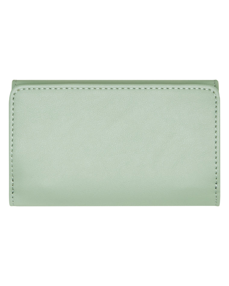 Back view of a light green Roxy wallet with a smooth faux leather finish and stitched edges.