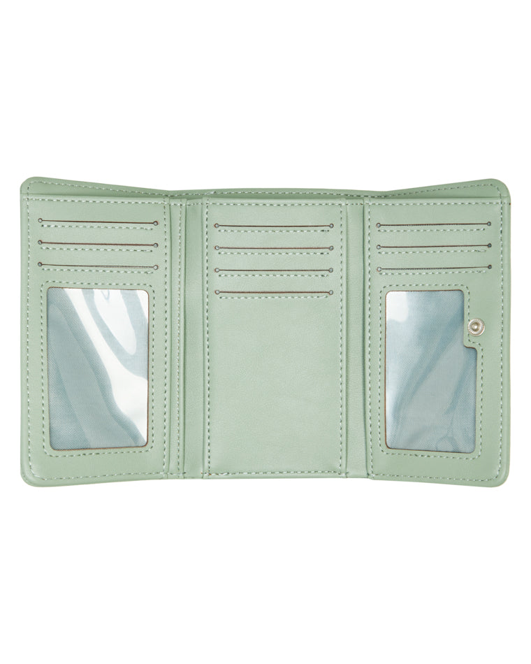 Opened light green Roxy wallet with card slots, clear ID windows and central note pocket.