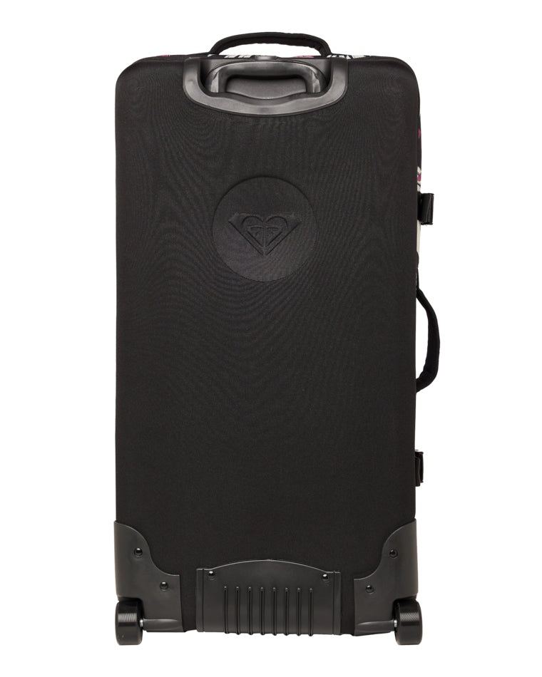  ack view of Roxy travel luggage with black hard panel and embossed heart logo above skate wheels