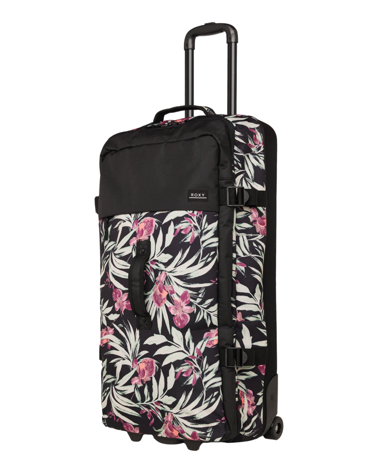 Side view of Roxy floral rolling suitcase with extendable handle and reinforced base