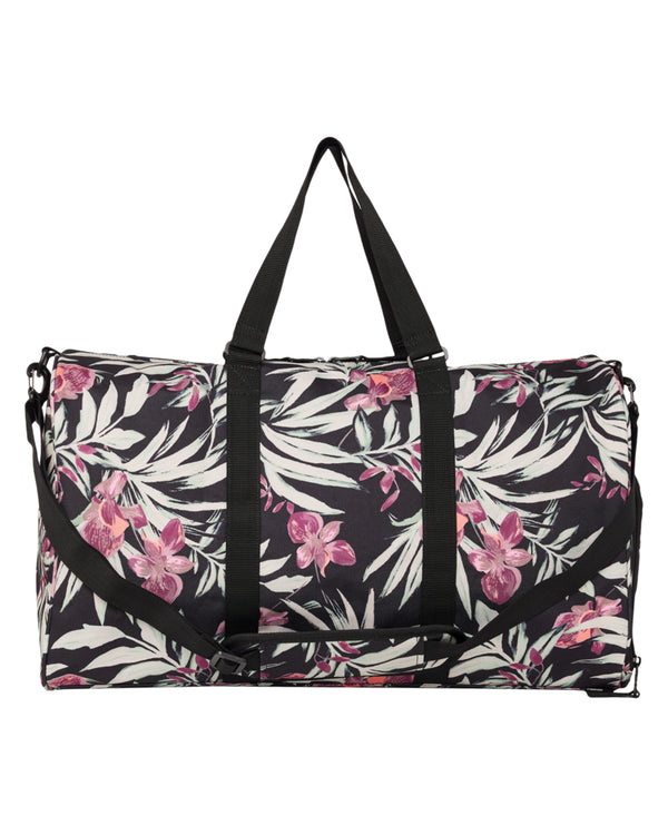 Back view of floral Roxy duffle bag with adjustable shoulder strap and carry handles.