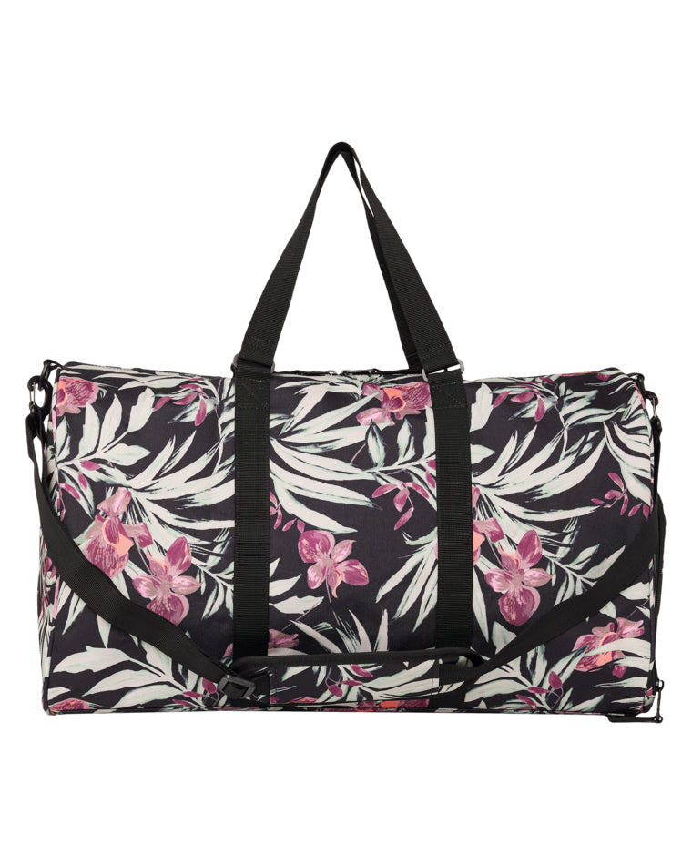 Back view of floral Roxy duffle bag with adjustable shoulder strap and carry handles.