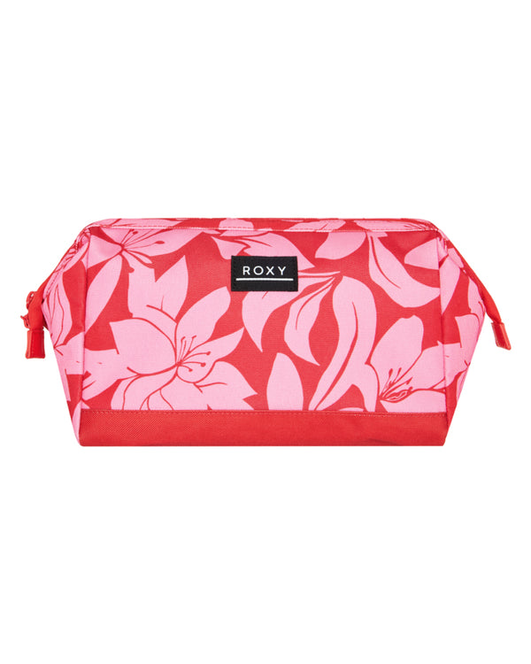 Red Roxy pouch with pink floral print and front logo patch.