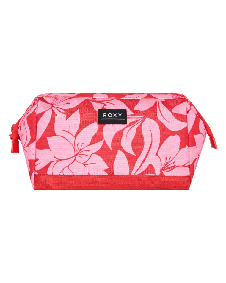 Red Roxy pouch with pink floral print and front logo patch.