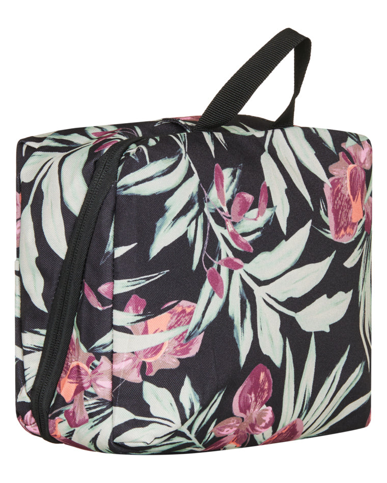 Side view of Roxy floral travel pouch with zip closure and carry handle
