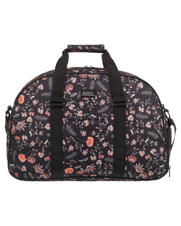 Roxy floral-print duffle bag with black handles and adjustable shoulder strap, featuring a spacious zippered main compartment.