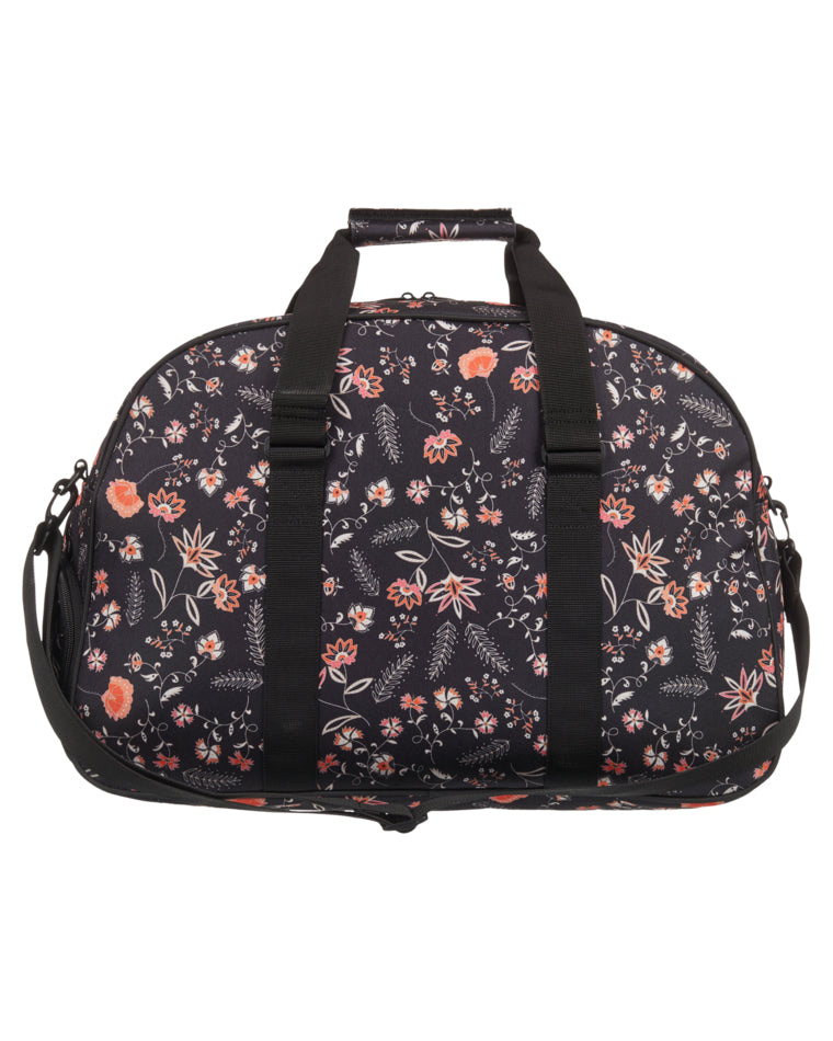 Back view of Roxy floral-print duffle bag with black handles, adjustable shoulder strap, and zippered main compartment.