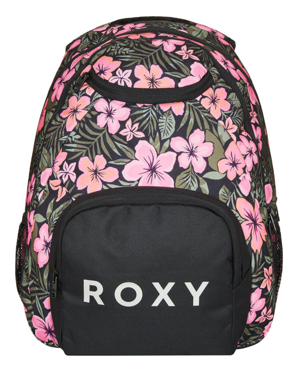 Roxy backpack with pink floral print and black base featuring bold front logo and zip compartments