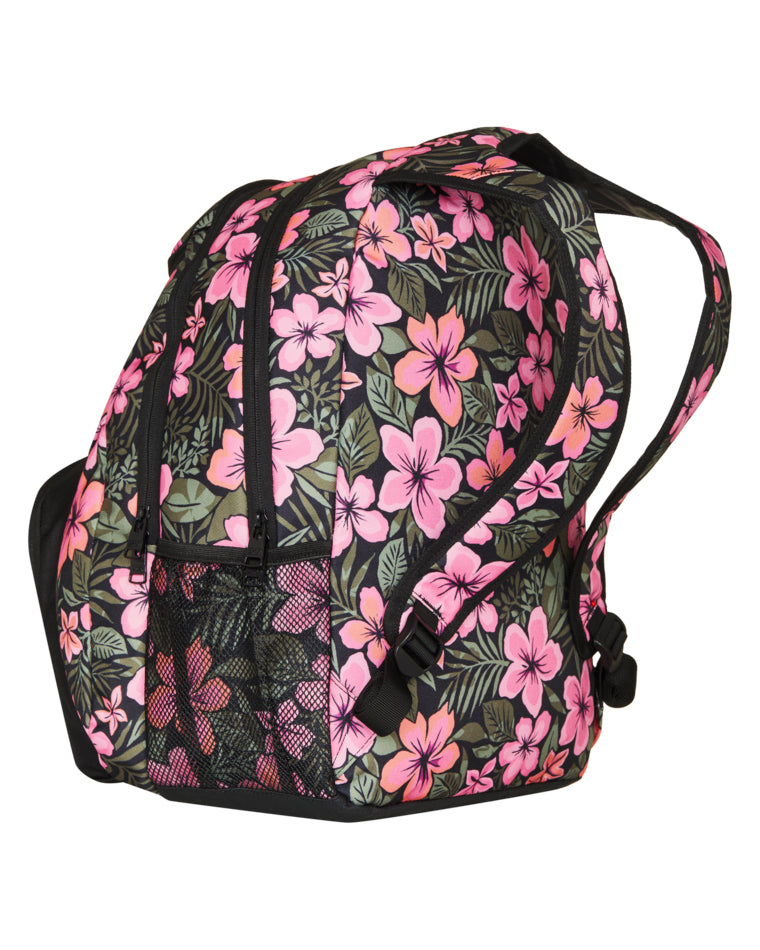 Side view of Roxy floral backpack with mesh pockets, double zips and adjustable shoulder straps.
