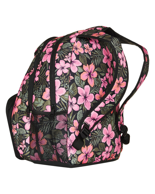 Side view of Roxy floral backpack with mesh pockets, double zips and adjustable shoulder straps.