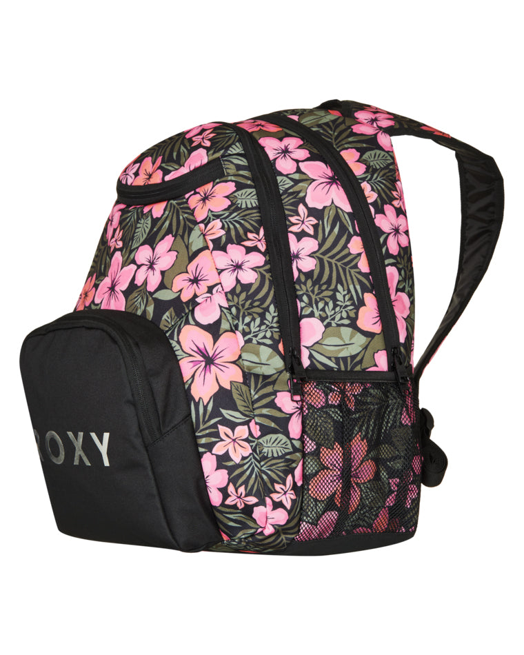 Alternate side of Roxy floral backpack showcasing front pocket, mesh pouch and curved zip.