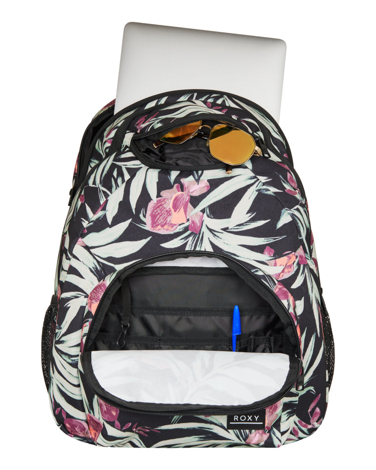 Open Roxy backpack showing laptop sleeve, sunglasses pocket and organiser panel