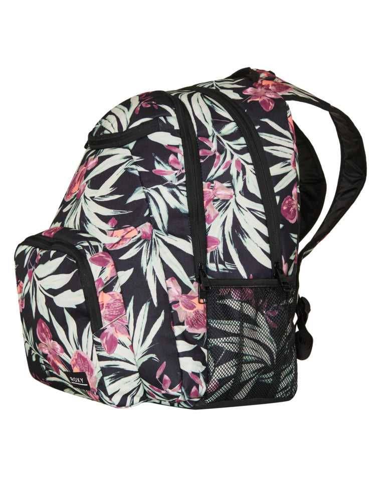 Angled view of tropical Roxy backpack with zip compartments and side mesh pocket