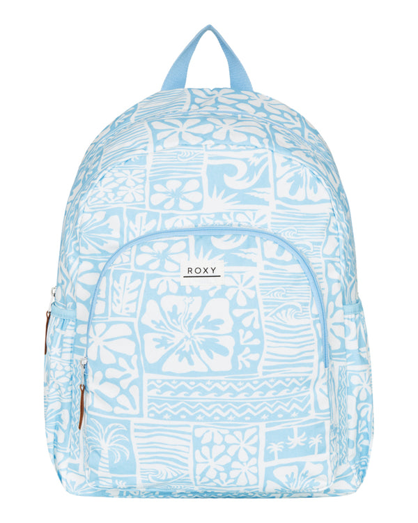 Light blue Roxy backpack with white floral and island print, front zip pocket and top handle.