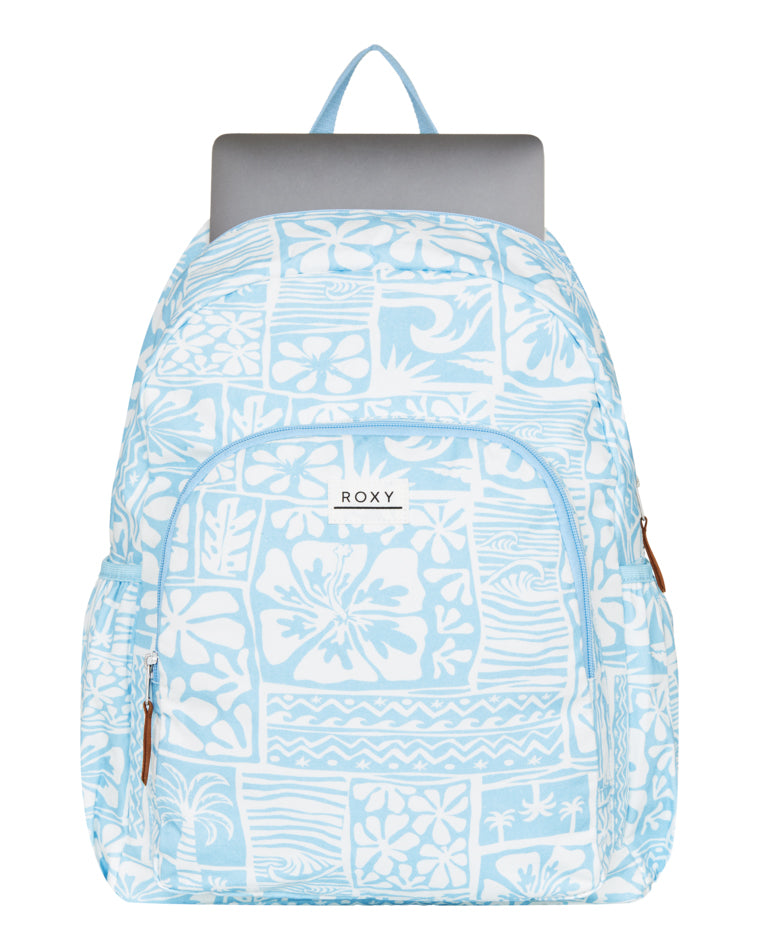 Light blue Roxy backpack with laptop partially visible in main compartment.