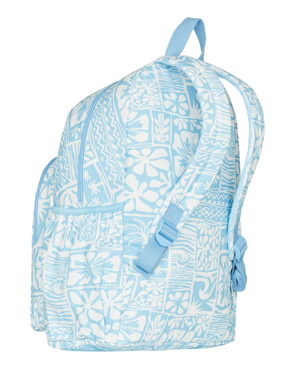 Side view of blue and white floral Roxy backpack showing adjustable padded straps.


