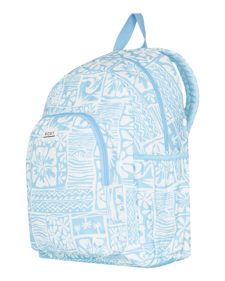 Angled view of light blue Roxy backpack with side pockets and curved front zip.