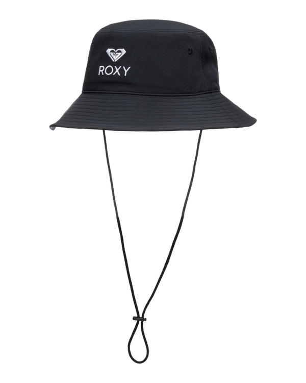 Black Roxy bucket hat with chin strap and embroidered front logo.