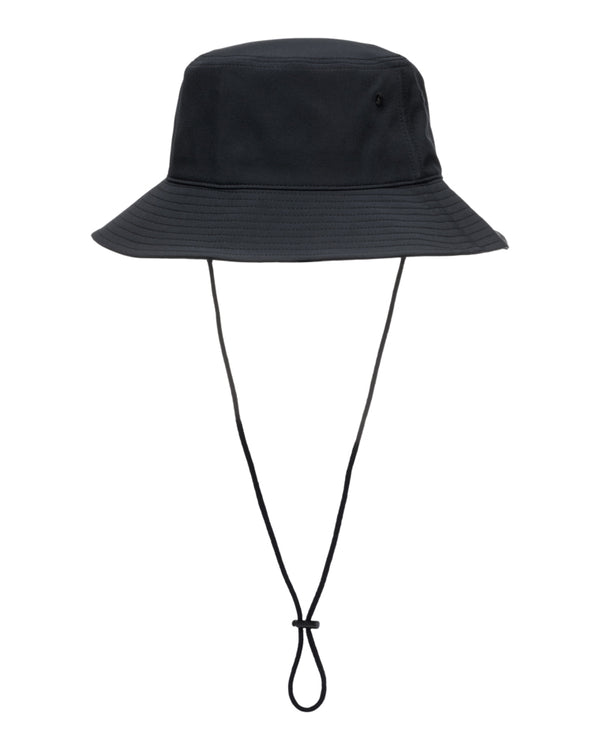 Back view of black Roxy bucket hat with adjustable chin strap.